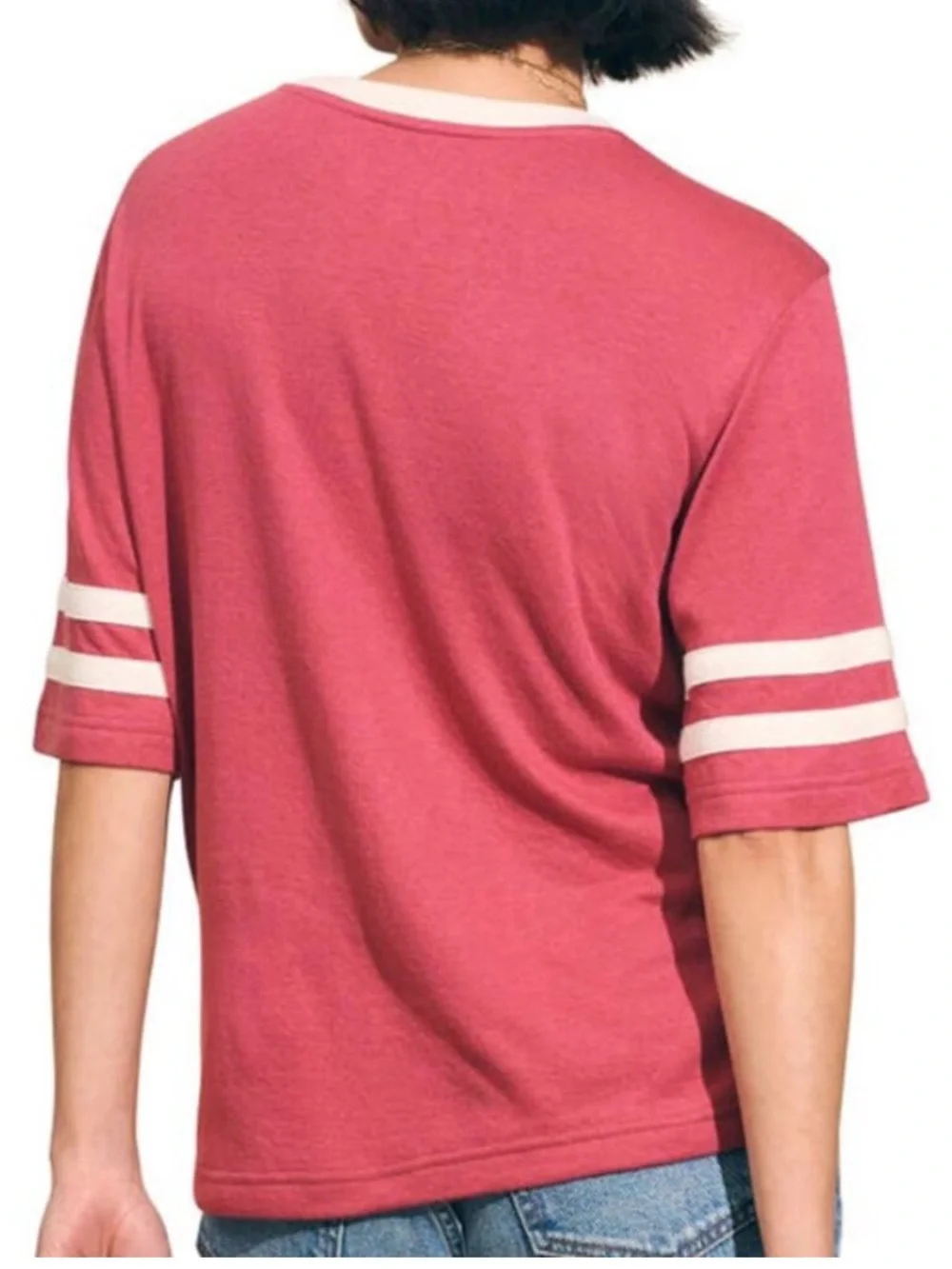 Faherty Berry Pink White Varsity Stripe Cloud Cotton Ringer Tee Shirt - Picture 8 of 16